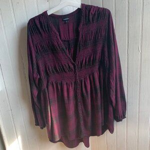 Torrid Purple Black Plaid V neck Shirred Balloon Sleeve Tunic Grunge Milly - 3